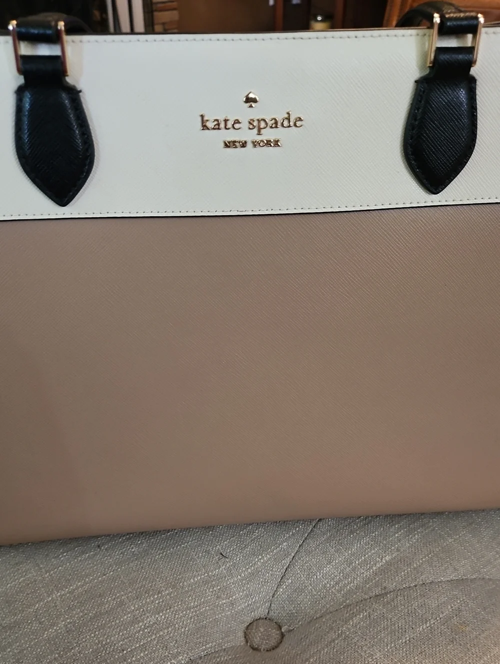 Kate Spade Madison Saffiano Leather Black Cream Taupe East West Laptop Tote